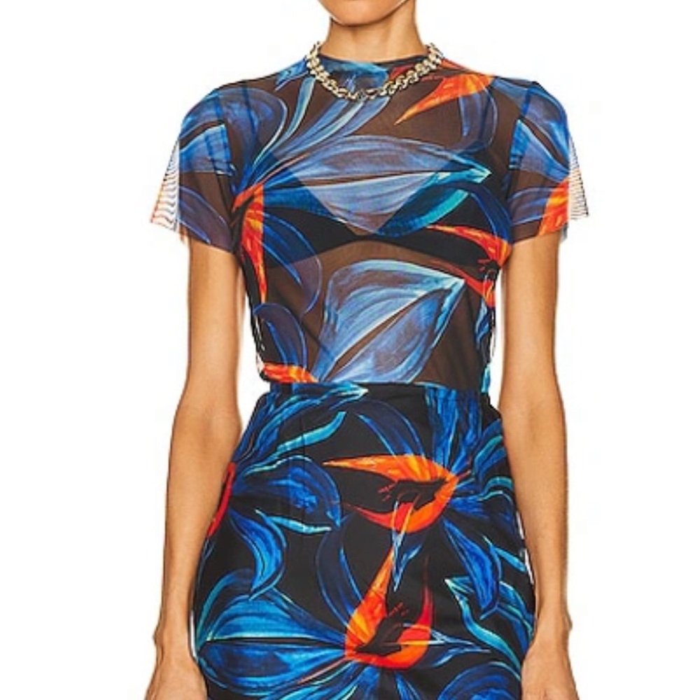 Blue tropical sheer designer T-Shirt Mesh XL NWT